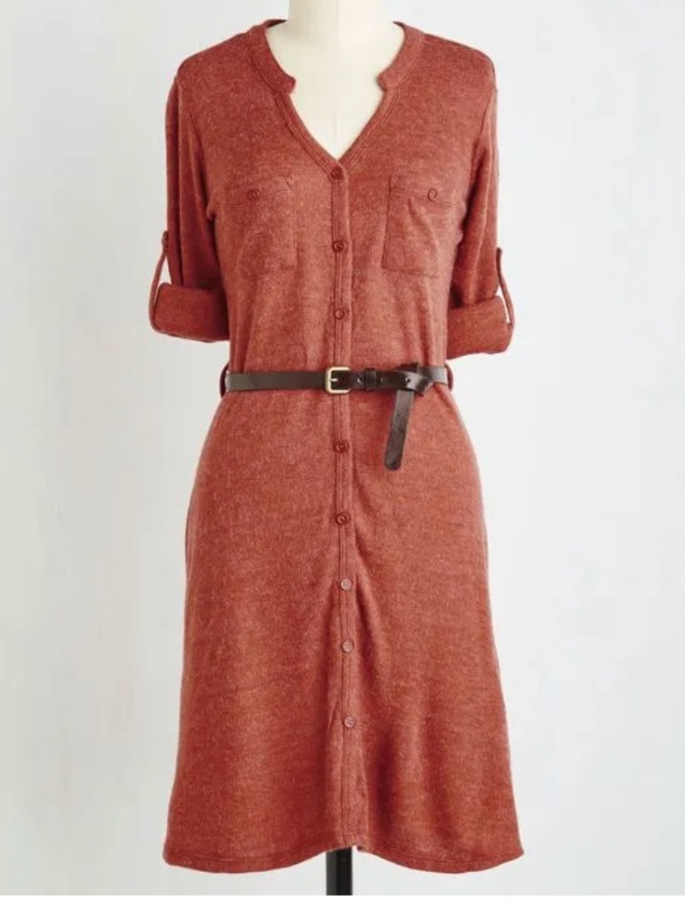 Ya Los Angeles Button-Front Rust Knit Shirt Dress Large